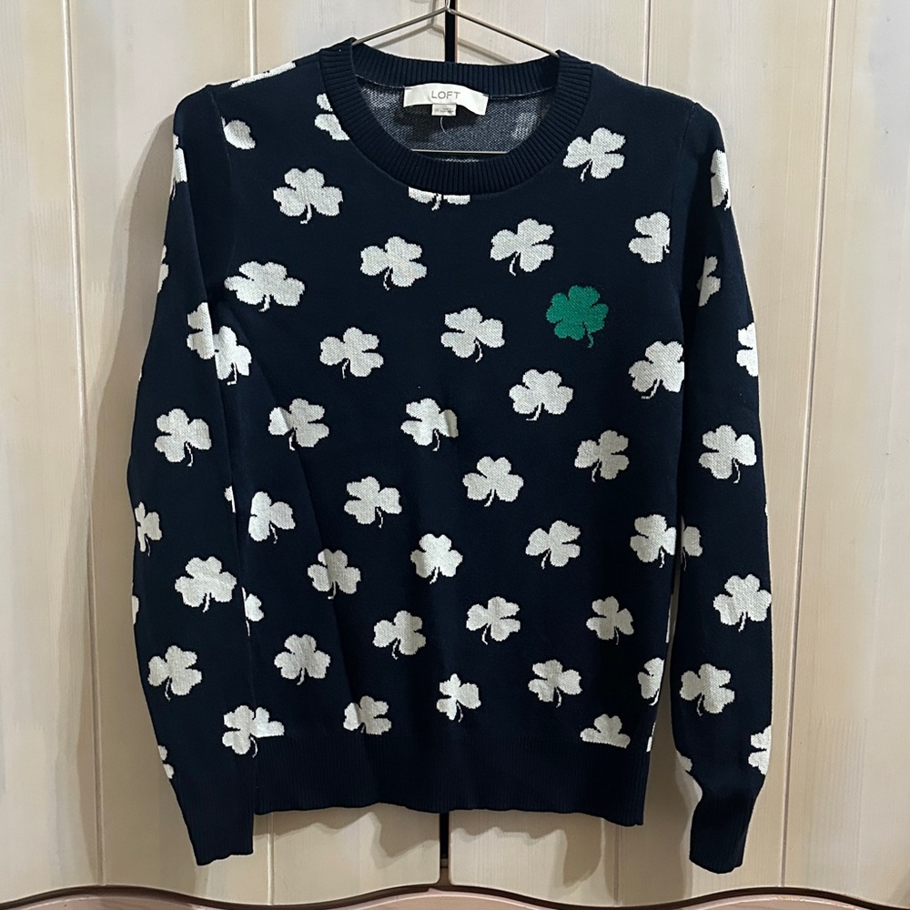 LOFT Men's Dark Blue Sweater with Shamrock Design